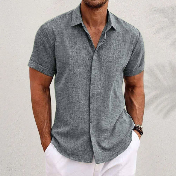 Sommerhemd Herren | Kurzarm | Leinen-Baumwoll-Hemd | Trendiger Freizeitstil-Grau-XS-Luzern Mode