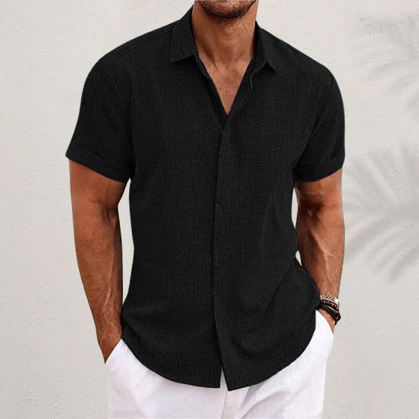Sommerhemd Herren | Kurzarm | Leinen-Baumwoll-Hemd | Trendiger Freizeitstil-Schwarz-XS-Luzern Mode