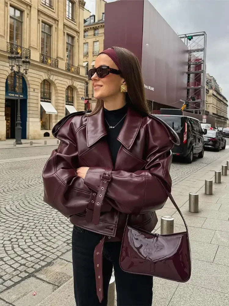 Lederjacke Damen kurz | Reverskragen | figurbetont | Kirschrot | lange Ärmel | PU-Kirschrot (Burgund)-S-Luzern Mode