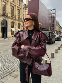 Lederjacke Damen kurz | Reverskragen | figurbetont | Kirschrot | lange Ärmel | PU-Kirschrot (Burgund)-S-Luzern Mode