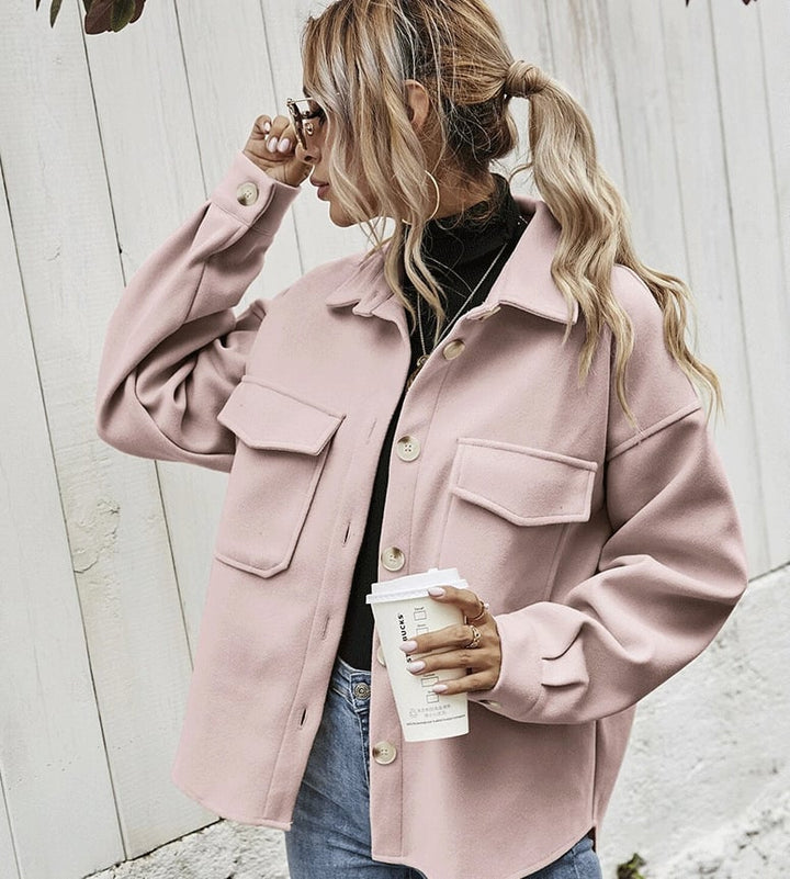 Damen Jacke | Knopfleiste | Kragen | Langarm | Einfarbig | Locker-Rosa-S-Luzern Mode