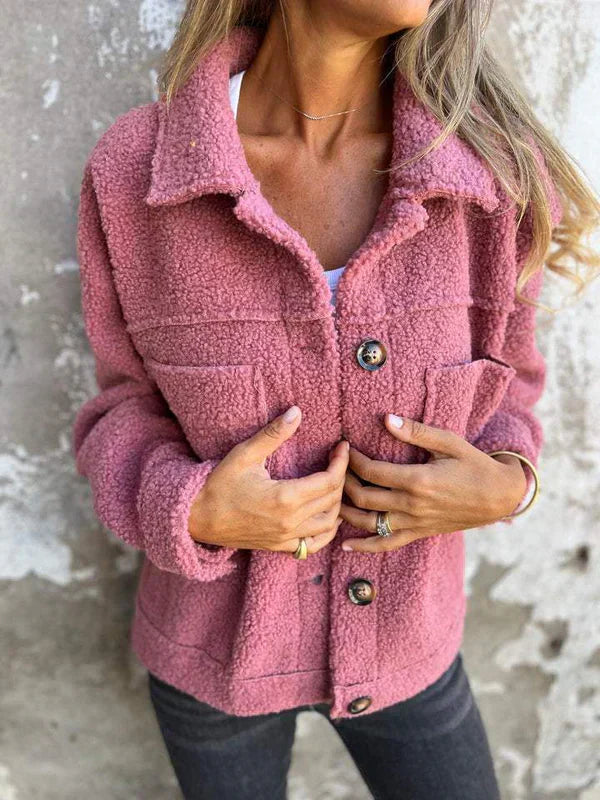 Kurzer Teddy-Mantel | Warmer Stoff | Stilvoller Reverskragen | Knopfverschluss-Rosa-S-Luzern Mode