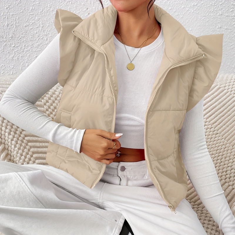 Damen Steppweste mit Rüschenkragen - Modische Weste-Khaki-XS-Luzern Mode