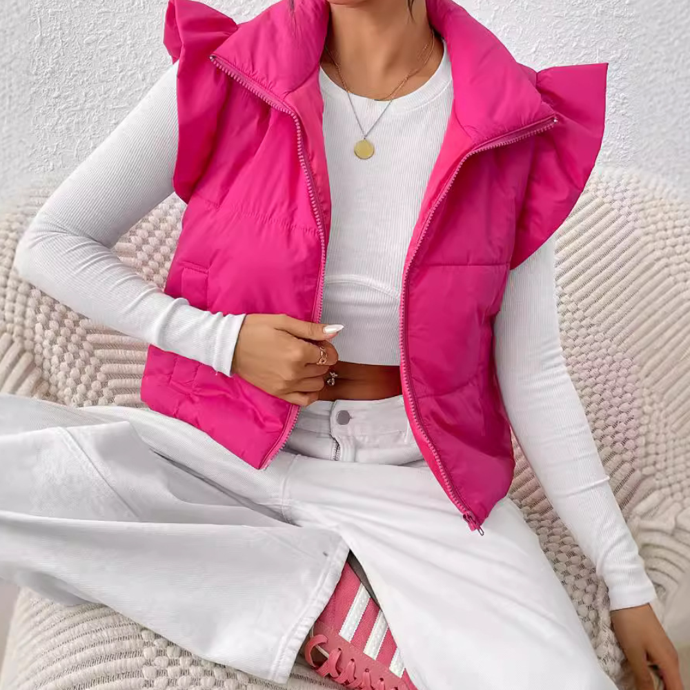 Damen Steppweste mit Rüschenkragen - Modische Weste-Rosa-XS-Luzern Mode