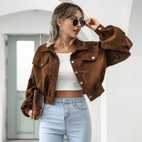 Damen Jeansjäckchen | Kurz | Langarm | Gepufften Ärmeln | Einfarbig-Braun-S-Luzern Mode