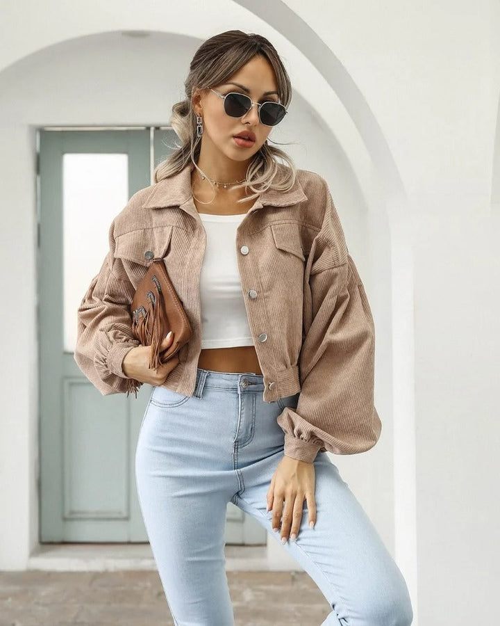 Damen Jeansjäckchen | Kurz | Langarm | Gepufften Ärmeln | Einfarbig-Khaki-S-Luzern Mode