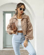 Damen Jeansjäckchen | Kurz | Langarm | Gepufften Ärmeln | Einfarbig-Khaki-S-Luzern Mode