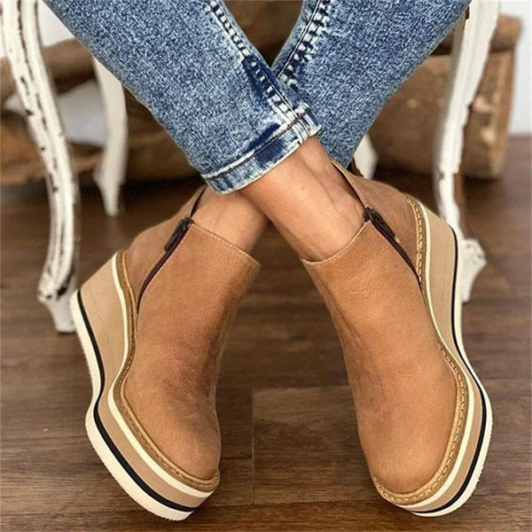 Damen Stiefeletten mit Keilabsatz und Reißverschluss-Beige-35-Luzern Mode