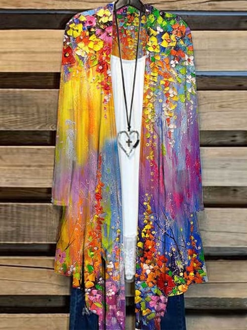 Damen Weste mit Blumenmuster | Bunt | Lang | Locker sitzend | Baumwolle-Gelb-S-Luzern Mode