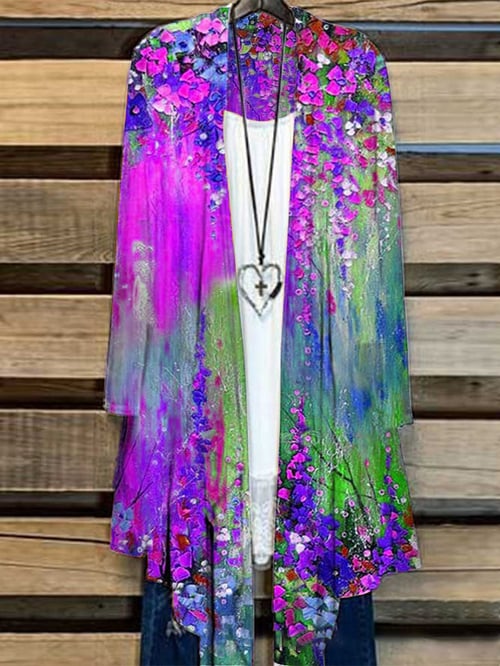 Damen Weste mit Blumenmuster | Bunt | Lang | Locker sitzend | Baumwolle-Lila-S-Luzern Mode