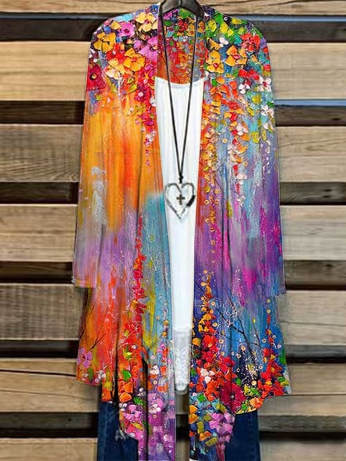 Damen Weste mit Blumenmuster | Bunt | Lang | Locker sitzend | Baumwolle-Orange-S-Luzern Mode