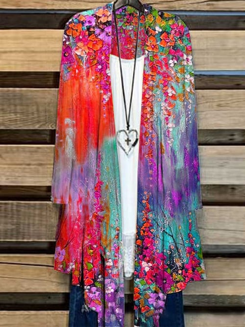 Damen Weste mit Blumenmuster | Bunt | Lang | Locker sitzend | Baumwolle-Rot-S-Luzern Mode