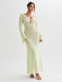 Strandkleid Damen Sommer | Rückenausschnitt | V-Ausschnitt | Leicht | Langarm-Hellgrün-XS-Luzern Mode