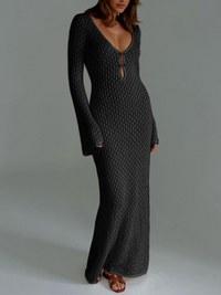 Strandkleid Damen Sommer | Rückenausschnitt | V-Ausschnitt | Leicht | Langarm-Schwarz-XS-Luzern Mode
