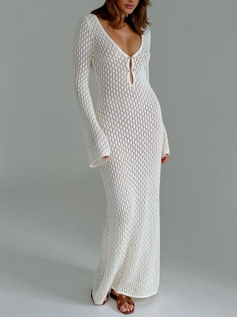 Strandkleid Damen Sommer | Rückenausschnitt | V-Ausschnitt | Leicht | Langarm-Weiß-XS-Luzern Mode
