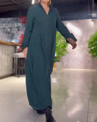 Losvallende Maxi Kleid | Lange Ärmel | Seitenschlitz | Einfarbig | Baumwolle-Grün-S-Luzern Mode