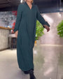Losvallende Maxi Kleid | Lange Ärmel | Seitenschlitz | Einfarbig | Baumwolle-Grün-S-Luzern Mode
