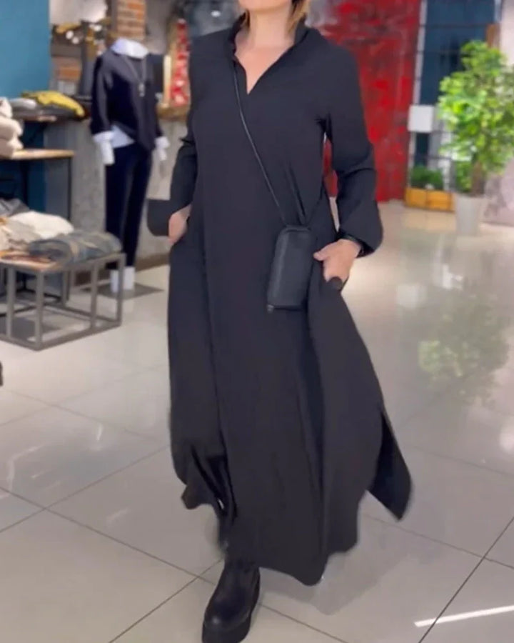 Losvallende Maxi Kleid | Lange Ärmel | Seitenschlitz | Einfarbig | Baumwolle-Schwarz-S-Luzern Mode