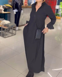 Losvallende Maxi Kleid | Lange Ärmel | Seitenschlitz | Einfarbig | Baumwolle-Luzern Mode