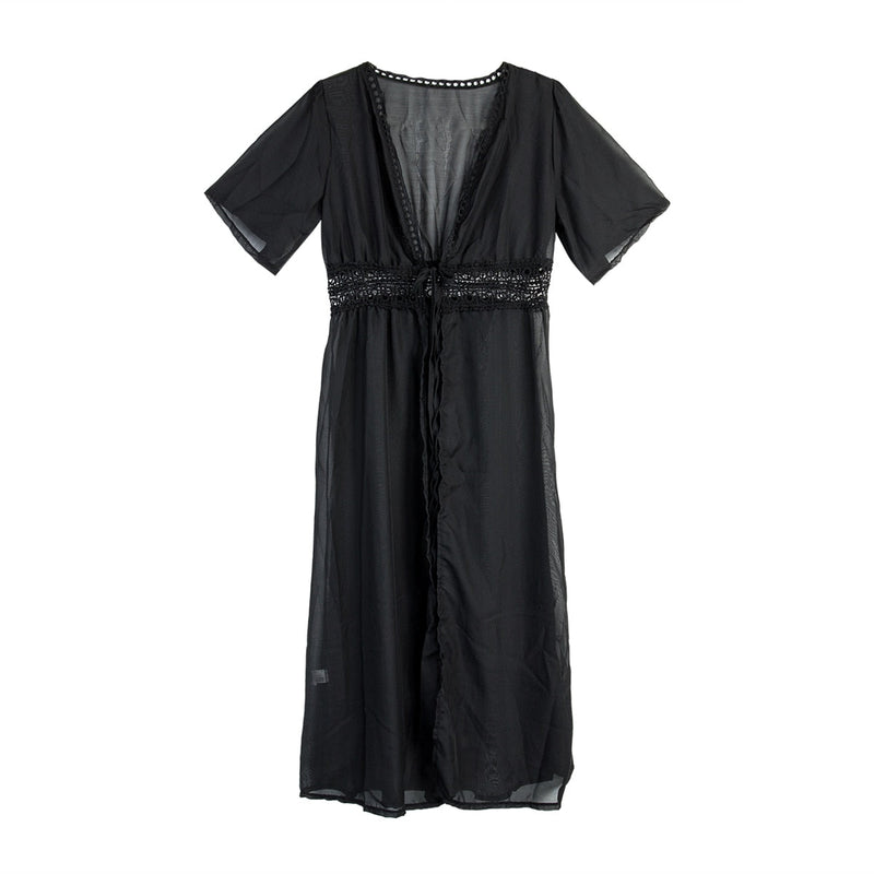 Lange Strandkleid mit Spitzenakzenten und Schleifenverschluss – Elara