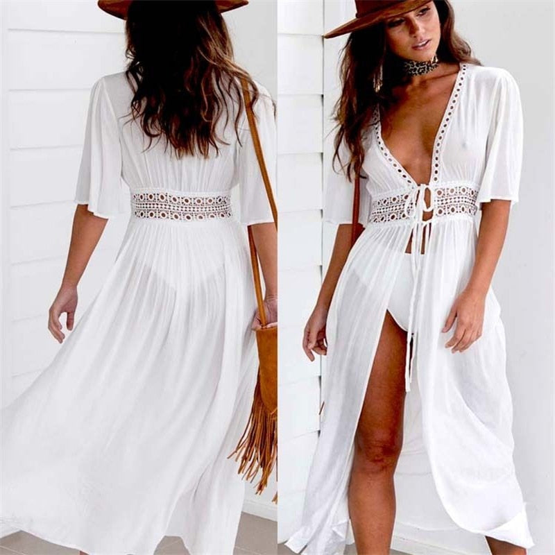Lange Strandkleid mit Spitzenakzenten und Schleifenverschluss – Elara