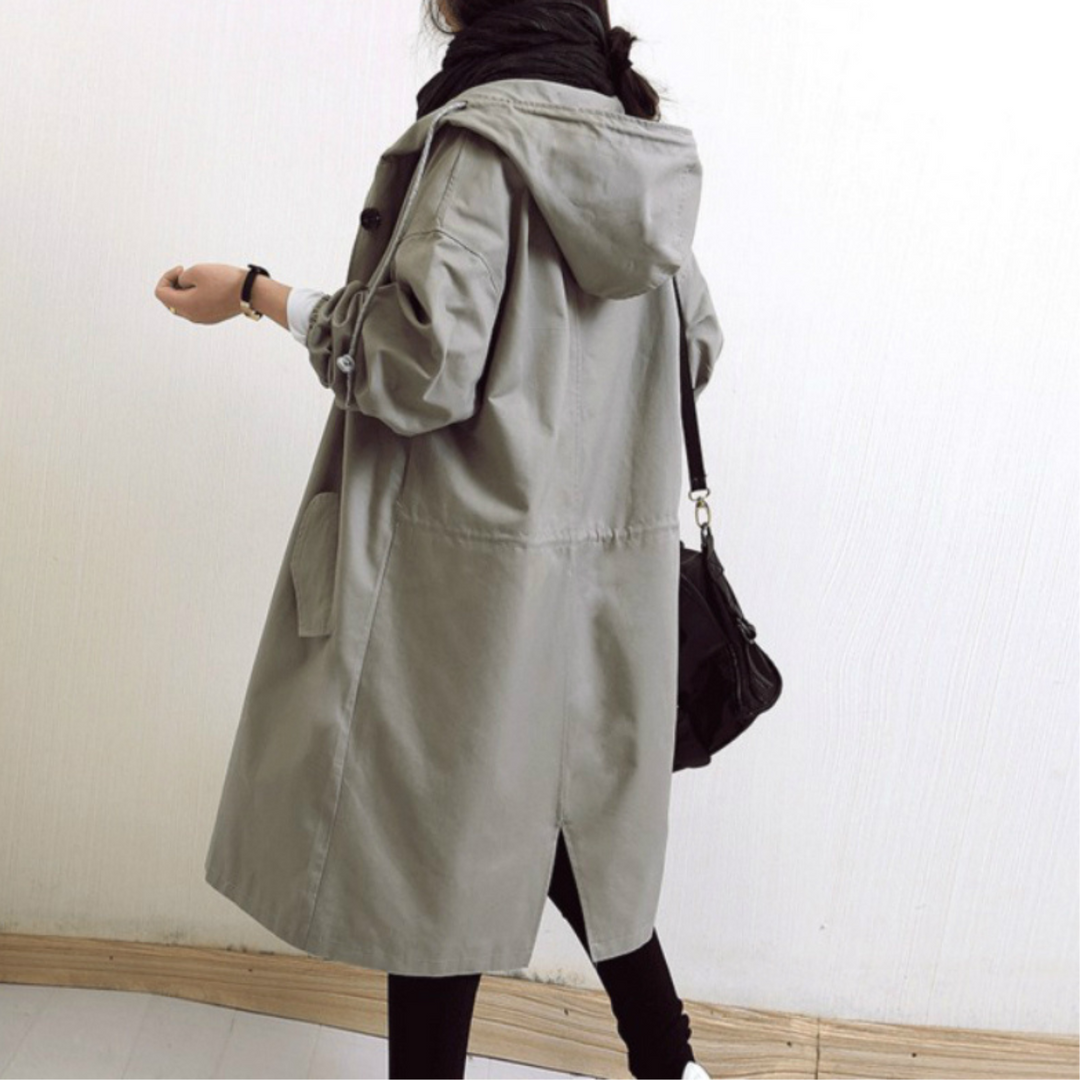 Damen Trenchcoat mit Kapuze - Eleganter Übergangsmantel-Grau-S-Luzern Mode