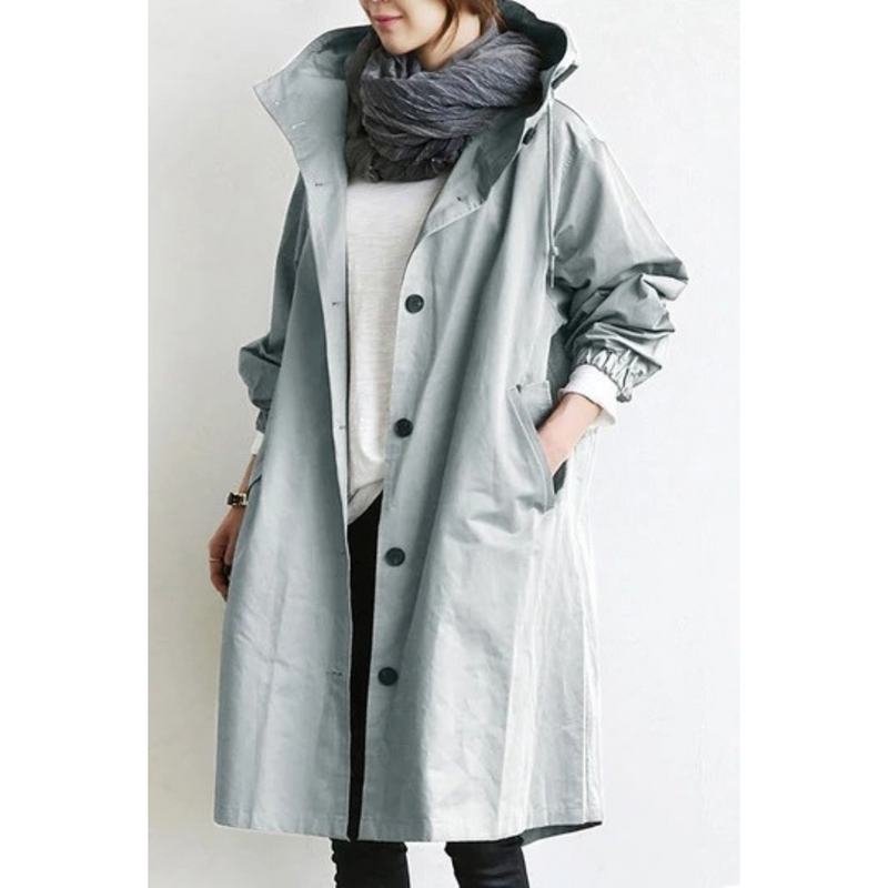 Damen Trenchcoat mit Kapuze - Eleganter Übergangsmantel-Hellgrau-S-Luzern Mode