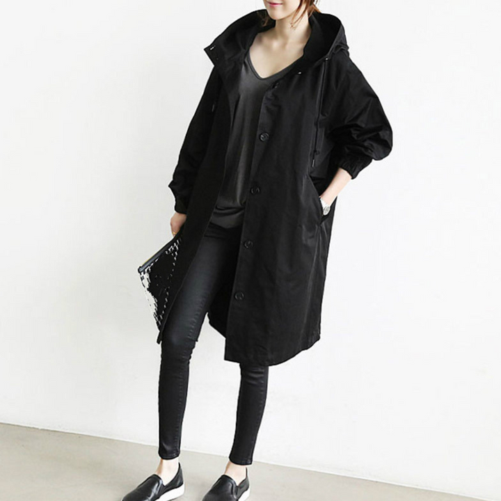 Damen Trenchcoat mit Kapuze - Eleganter Übergangsmantel-Schwarz-S-Luzern Mode