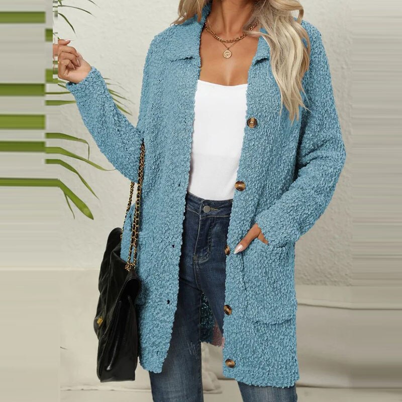 Damen Strickjacke mit Knöpfen - Kuscheliger Cardigan Look-Hellblau-S-Luzern Mode