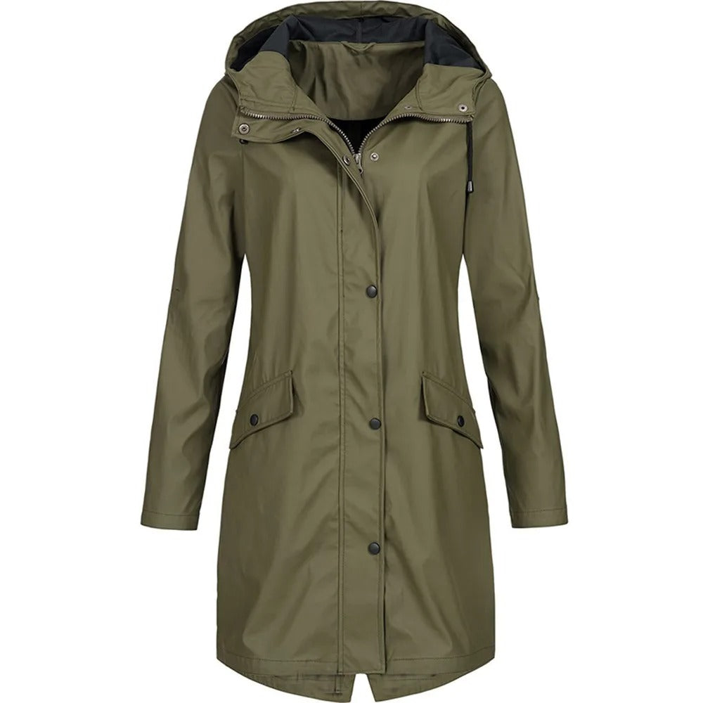 Damen Regenmantel Wasserdicht mit Kapuze und Taschen-Dunkelgün-S-Luzern Mode