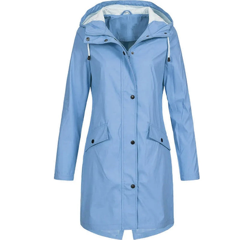 Damen Regenmantel Wasserdicht mit Kapuze und Taschen-Hellblau-S-Luzern Mode