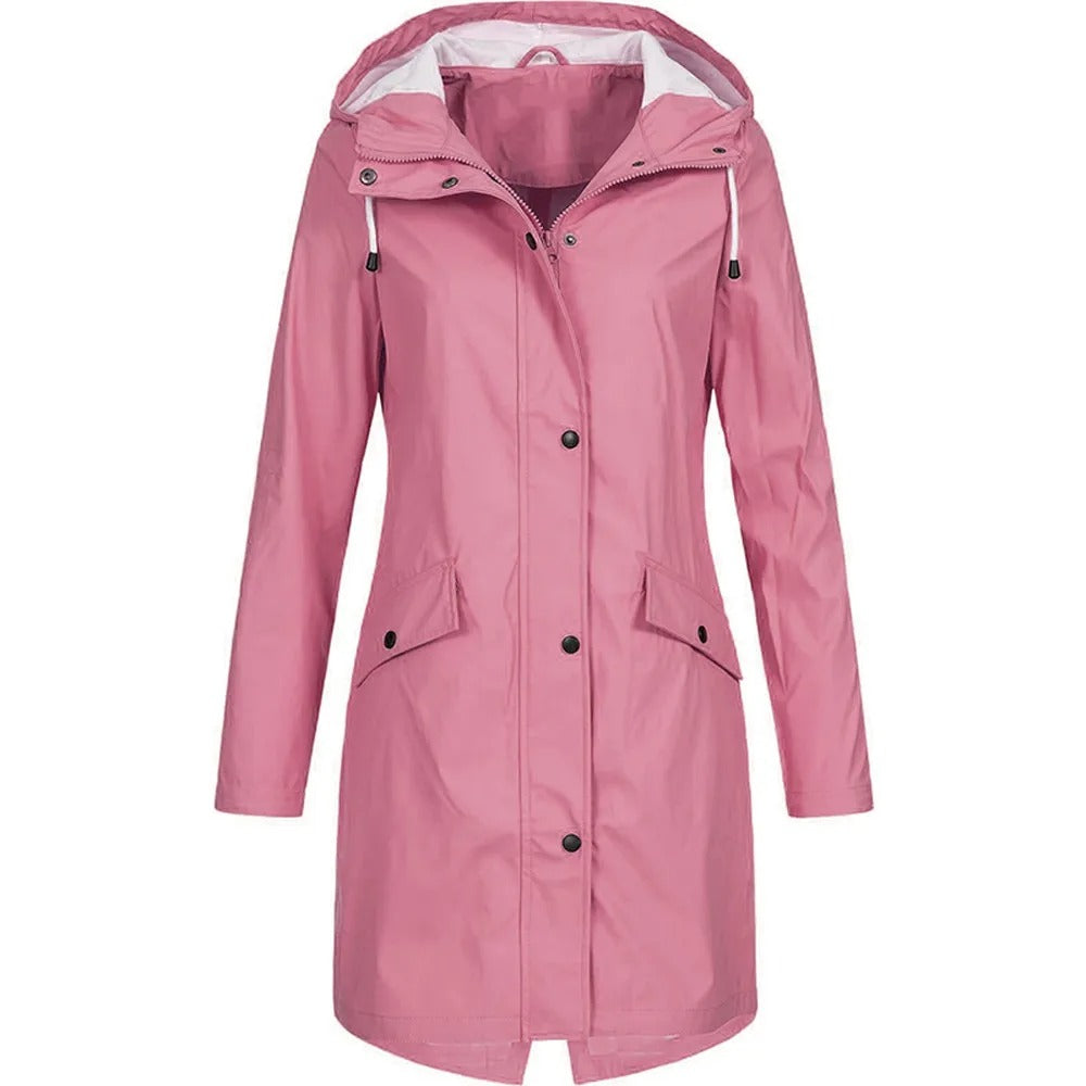Damen Regenmantel Wasserdicht mit Kapuze und Taschen-Rosa-S-Luzern Mode