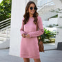 Flanellkleid | Midi-Lang | O-Ausschnitt | Lockere Passvorm | Einfarbig-Rosa-S-Luzern Mode
