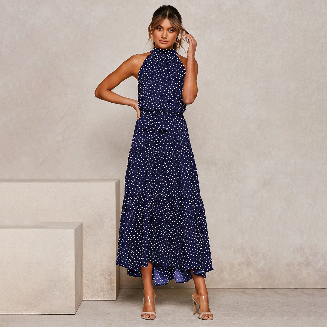 Ärmelloses Maxikleid mit Punkten für Damen - Elegant-Dunkelblau-S-Luzern Mode