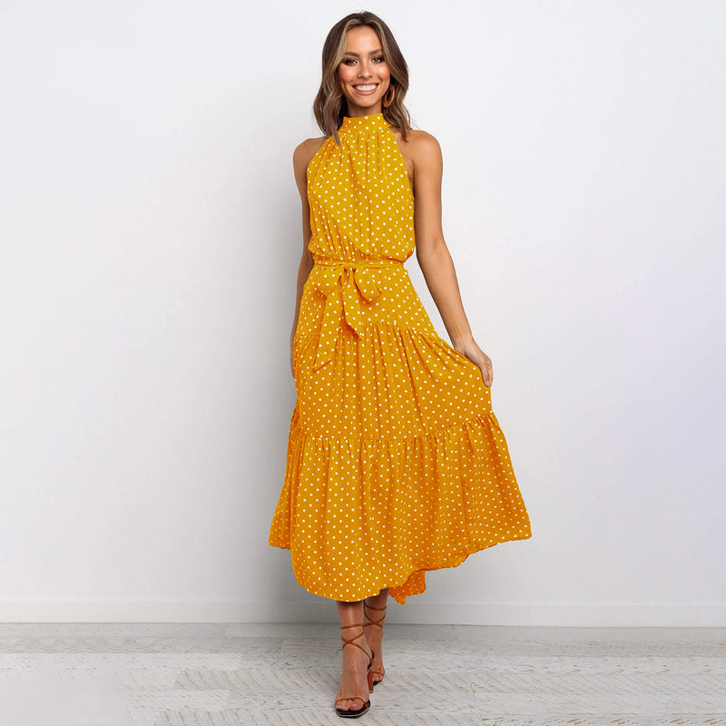 Ärmelloses Maxikleid mit Punkten für Damen - Elegant-Gelb-S-Luzern Mode