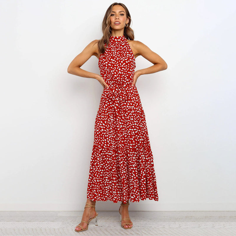Ärmelloses Maxikleid mit Punkten für Damen - Elegant-Rot-S-Luzern Mode