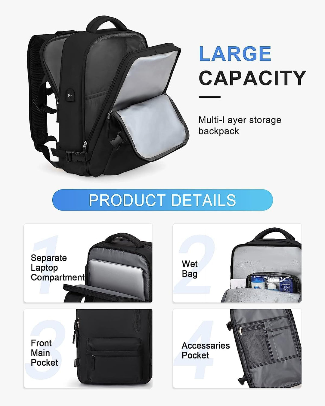 40L Wasserdichter Reiserucksack mit Schuhfach und USB-Anschluss – Geeignet für 14”-Laptops