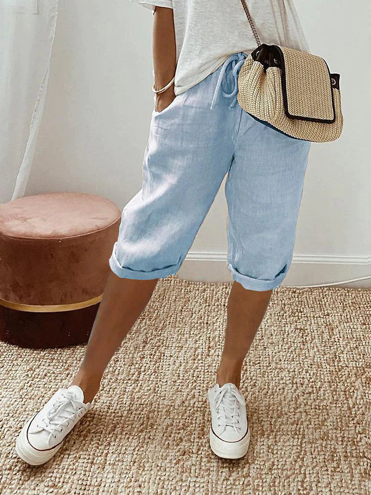 Damen Caprihose | Leinen | Locker sitzend | Kordelzug | Einfarbig | Taschen-Blau-S-Luzern Mode