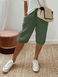 Damen Caprihose | Leinen | Locker sitzend | Kordelzug | Einfarbig | Taschen-Grün-S-Luzern Mode