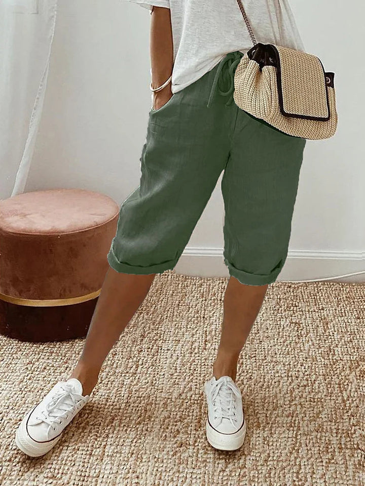 Damen Caprihose | Leinen | Locker sitzend | Kordelzug | Einfarbig | Taschen-Grün-S-Luzern Mode