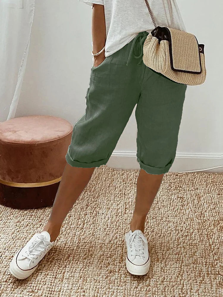 Damen Caprihose | Leinen | Locker sitzend | Kordelzug | Einfarbig | Taschen-Grün-S-Luzern Mode