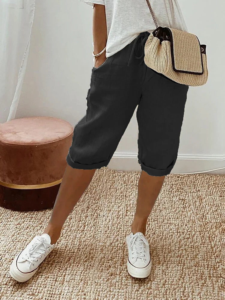 Damen Caprihose | Leinen | Locker sitzend | Kordelzug | Einfarbig | Taschen-Schwarz-S-Luzern Mode