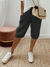 Damen Caprihose | Leinen | Locker sitzend | Kordelzug | Einfarbig | Taschen-Schwarz-S-Luzern Mode