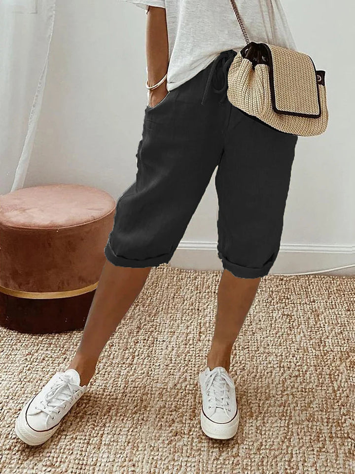 Damen Caprihose | Leinen | Locker sitzend | Kordelzug | Einfarbig | Taschen-Schwarz-S-Luzern Mode