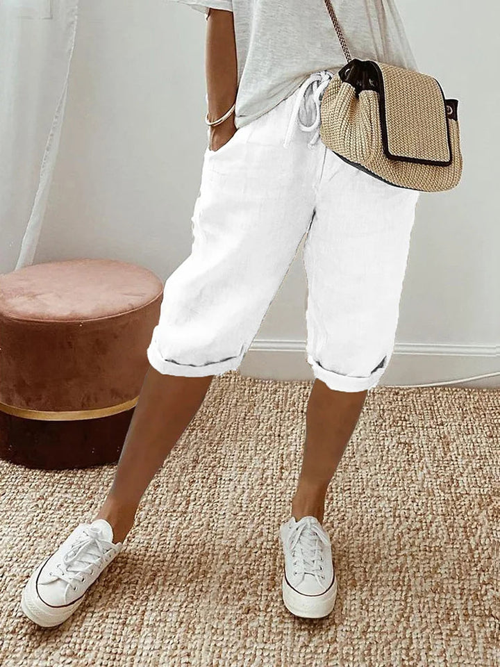 Damen Caprihose | Leinen | Locker sitzend | Kordelzug | Einfarbig | Taschen-Weiß-S-Luzern Mode