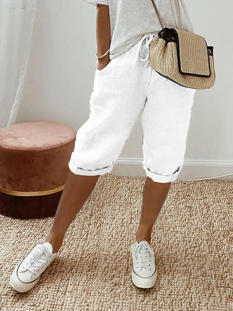Damen Caprihose | Leinen | Locker sitzend | Kordelzug | Einfarbig | Taschen-Weiß-S-Luzern Mode