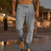 Lange Herren Leinenhose | Einfarbig | Locker sitzend | Kordelzug | Luftig-Grau-S-Luzern Mode