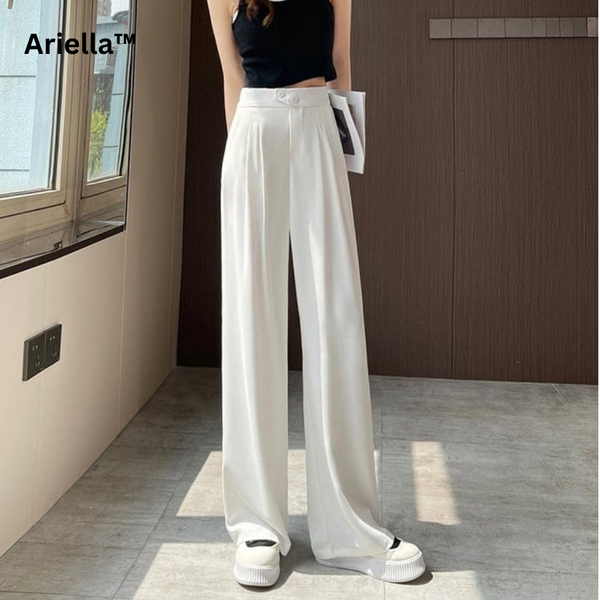 Lange Damenhose | Locker sitzend | Hohe Taille | Uni | Knopf | Stretch-Weiß-XS-Luzern Mode
