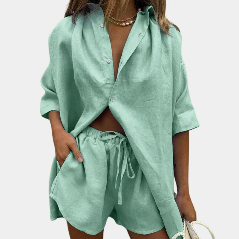 Leinen Damen Sommer Set: Bluse und Shorts für Freizeit-Grün-XS-Luzern Mode