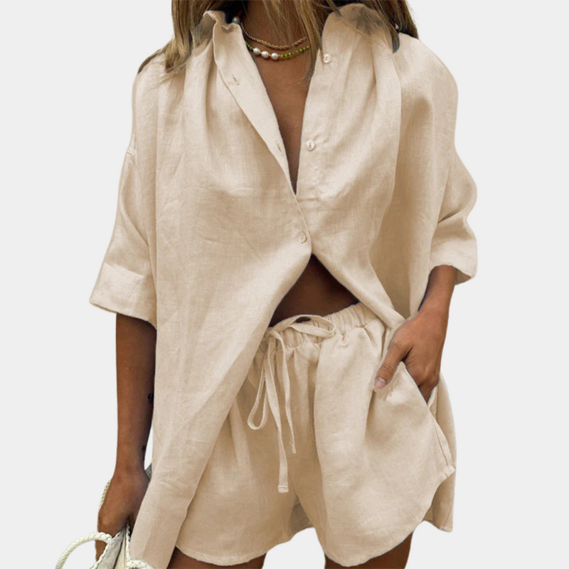 Leinen Damen Sommer Set: Bluse und Shorts für Freizeit-Khaki-XS-Luzern Mode